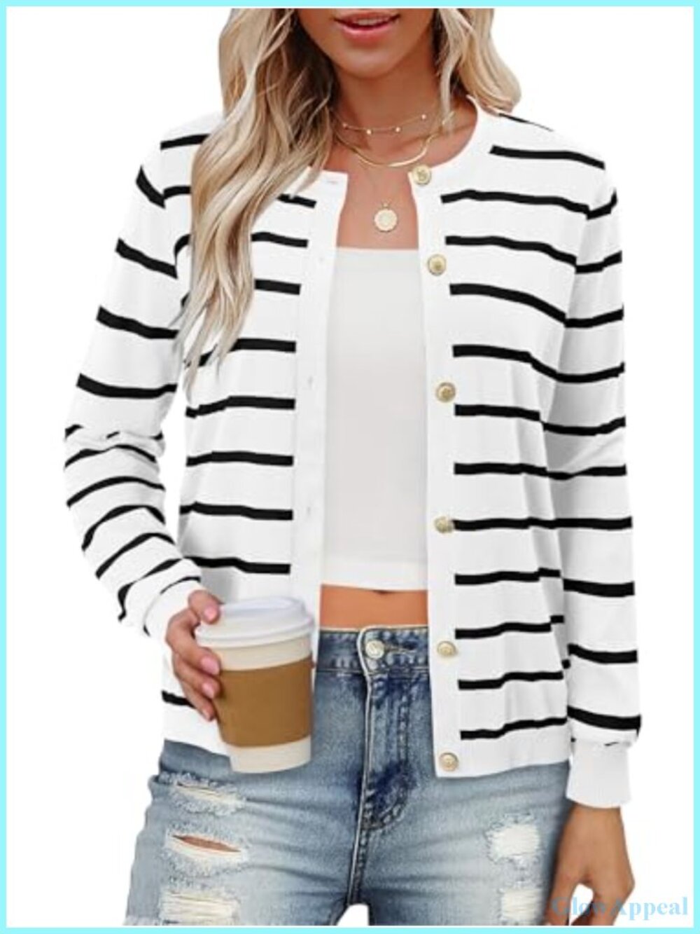 Women's Lightweight V-Neck Cardigan Knit Long Sleeve Striped Gold Button